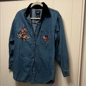 Solutions Denim Shirt with Teddy bear Christmas Embroidery small cotton